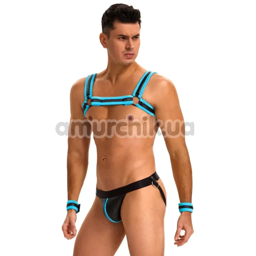 Комплект мужской Star Night Men's Set With Harness & Wrist Restraints, черно-голубой: портупея + трусы-джоки + фиксаторы для рук