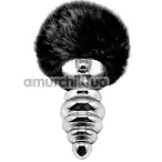Анальна пробка з чорним хвостиком Alive Anal Pleasure Metal Anal Fluffy Twist Plug L, срібна - Фото №1