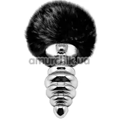 Анальная пробка с черным хвостиком Alive Anal Pleasure Metal Anal Fluffy Twist Plug L, серебряная - Фото №1