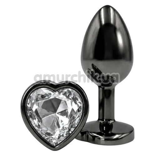 Анальна пробка з прозорим кристалом Alume Metal Heart Plug S, чорна - Фото №1