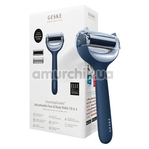 Массажер-роллер для лица и тела с микроиглами Geske MicroNeedle Face & Body Roller 8 in 1, синий