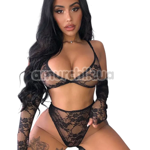 Комплект Star Night Lace Lingerie With Long Gloves, черный: бюстгальтер + трусики + перчатки