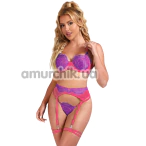 Комплект Star Night Neon Lace 3-Piece Set With Garter Belt, рожевий: бюстгальтер + трусики + пояс для панчіх - Фото №1