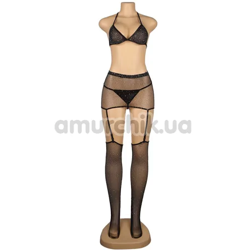 Комплект Star Night Sinful Luxe Diamond Fishnet Set, черный: бюстгальтер + пояс для чулок + перчатки + трусики-стринги + чулки
