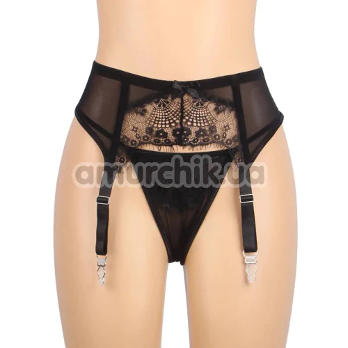 Комплект Star Night Sexy Eyelash Lace Set, черный: трусики-стринги + пояс для чулок