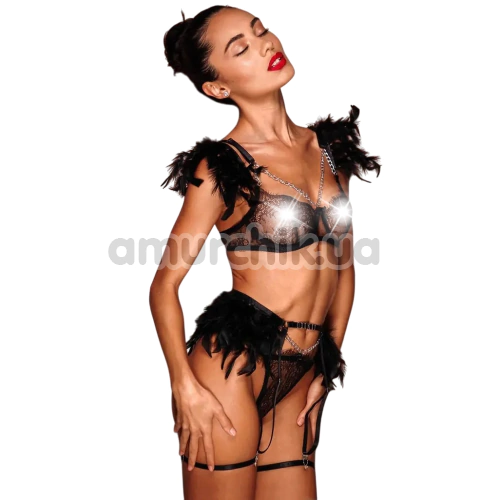 Комплект Star Night Sensual Feather & Chains, черный: бюстгальтер + трусики-стринги + пояс для чулок + гартеры