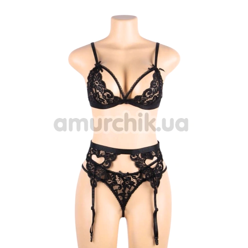 Комплект Star Night Lacie Heart Set, чорний: бюстгальтер + трусики-стрінги + пояс для панчіх