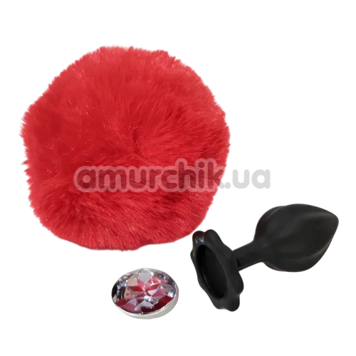 Анальна пробка з прозорим кристалом і червоним хвостиком Alume Silicone Plug With Tail S, чорна