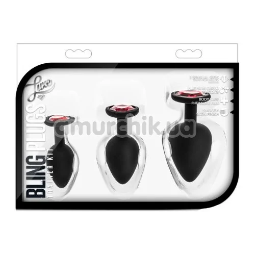 Набор анальных пробок с красными кристаллами Luxe Bling Plugs Trainer Kit, черный