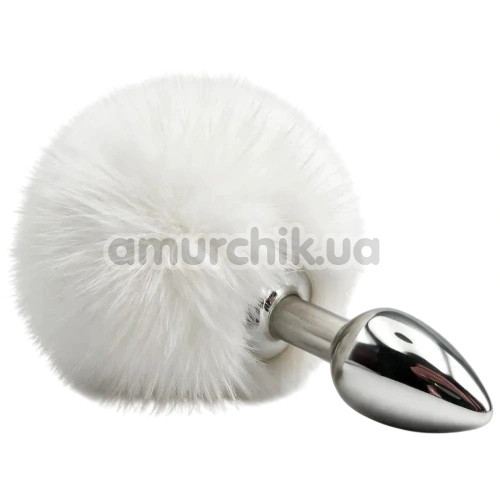 Анальна пробка з білим хвостиком DS Fetish Metal Plug With Bunny Tail, срібна
