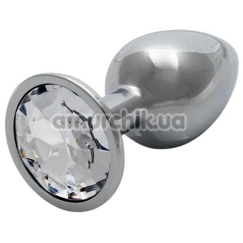 Анальная пробка с прозрачным кристаллом Ouch! Metal Butt Plug Small, серебряная - Фото №1