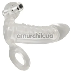 Насадка на пенис с вибрацией и кольцом для мошонки Crystal Clear Vibrating Sleeve With Ball Ring, прозрачная - Фото №1