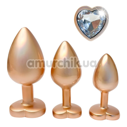 Набор из 3 анальных пробок с прозрачным кристаллом Gleaming Love Pearl Gold Plug Set, золотой - Фото №1