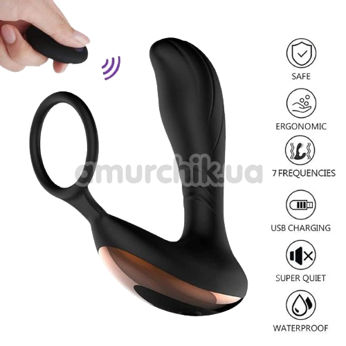 Вібростимулятор простати з ерекційним кільцем Prostate Massager With Cock Ring, чорний