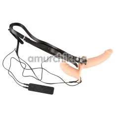 Подвійний страпон з вібрацією Vibrating Strap-On Duo Silicone, тілесний - Фото №1