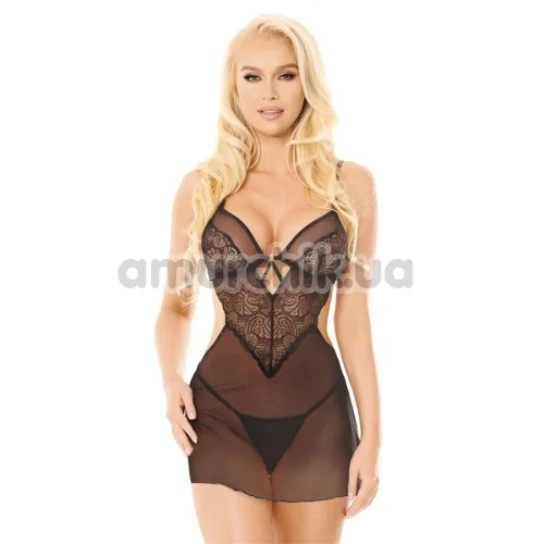 Комплект SoftLine Collection Adela, чорний: пеньюар + трусики-стрінги - Фото №1