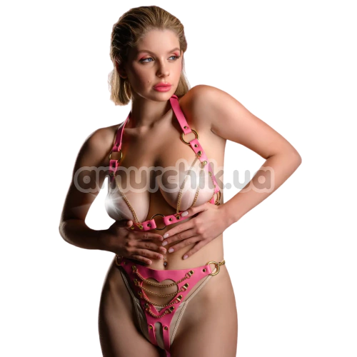 Комплект Taboom Malibu Bra & Open Crotch Brief Harness, рожевий: портупея + трусики-стрінги