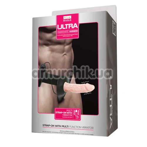 Полый страпон с вибрацией Ultra Passion Harness Strap On With Multi Function Vibrator, телесный