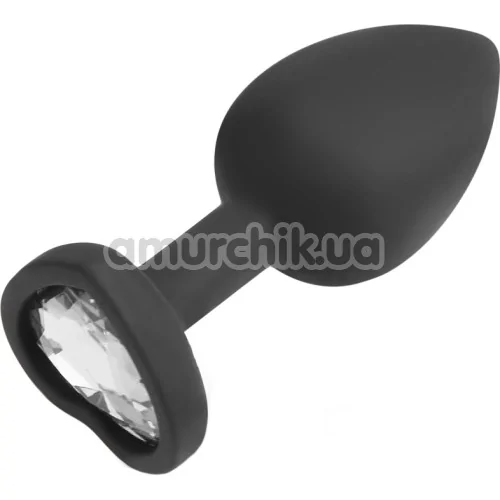 Анальна пробка з прозорим кристалом Silicone Jewelled Butt Plug Heart Small, чорна