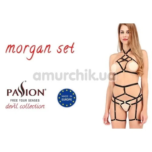 Комплект Passion Free Your Senses Devil Collection Morgan Set чёрный: бюстгальтер + пояс для чулок + трусики-стринги