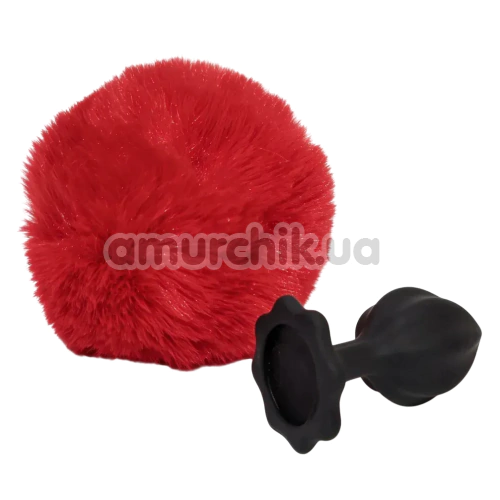 Анальна пробка з прозорим кристалом і червоним хвостиком Alume Silicone Plug With Tail S, чорна