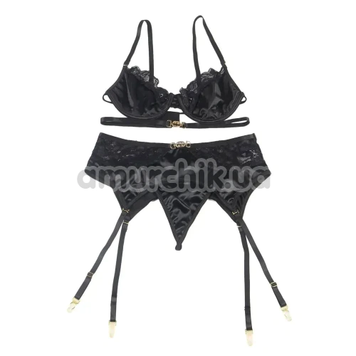 Комплект Star Night Naughty Boudoir Set, чорний: бюстгальтер + трусики-стрінги + пояс для панчіх