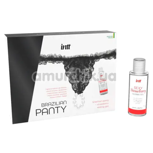 Набор Intt Brazilian Panty: черные трусики с жемчужным кольцом + оральный лубрикант Sexy Strawberry Sliding Gel - клубника, 50 мл