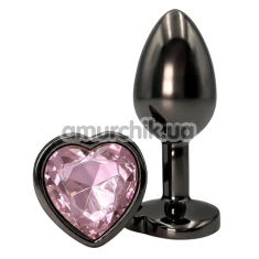 Анальная пробка с розовым кристаллом Alume Metal Heart Plug S, черная - Фото №1