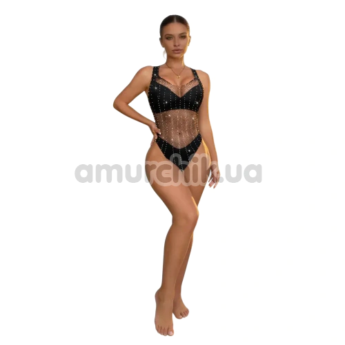 Боди Star Night Mesh Rhinestone Lines Bodysuit, черное
