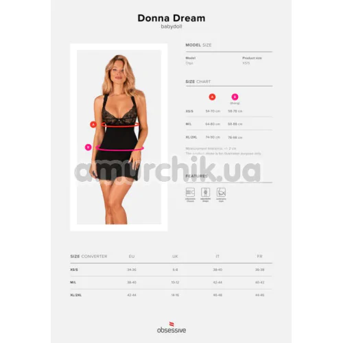 Комплект Obsessive Donna Dream чорний: пеньюар + трусики-стрінги