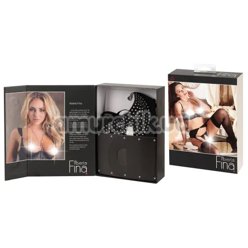 Комплект Abierta Fina Rhinestone Shelf Bra Set чорний: бюстгальтер + пояс для панчіх + трусики-стрінги