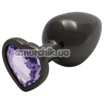 Анальная пробка с фиолетовым кристаллом Ouch! Heart Metal Butt Plug Large, черная - Фото №1