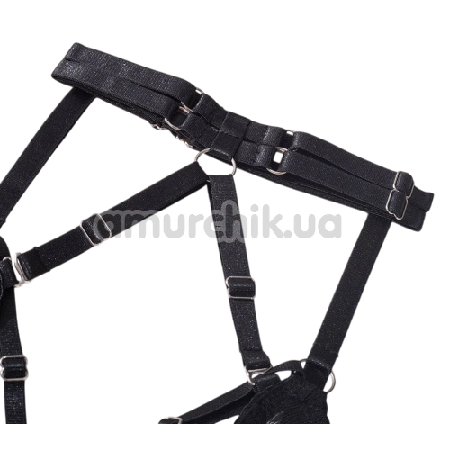 Комплект Star Night Garter Strap Set, черный: бюстгальтер + трусики-стринги + пояс для чулок + гартеры