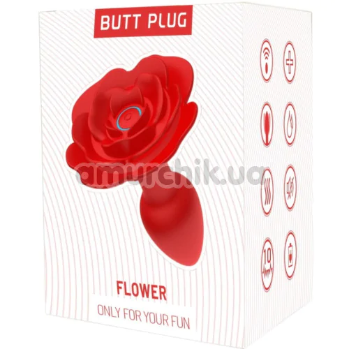 Анальная пробка с вибрацией и ротацией Boss Series Rotating Butt Plug Flower, красная