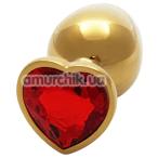 Анальная пробка с красным кристаллом Ouch! Heart Metal Butt Plug Medium, золотая - Фото №1