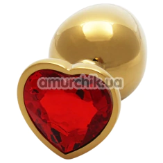 Анальная пробка с красным кристаллом Ouch! Heart Metal Butt Plug Medium, золотая - Фото №1