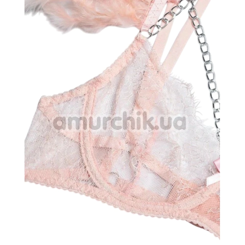 Комплект Star Night Sensual Feather & Chains, розовый: бюстгальтер + трусики-стринги + пояс для чулок + гартеры