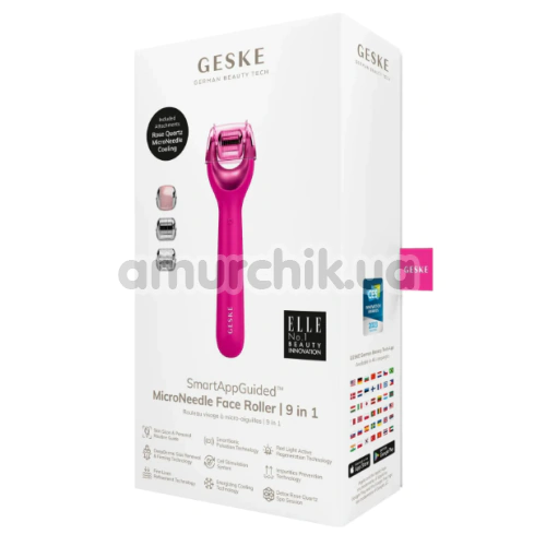 Массажер-роллер для лица с микроиглами Geske MicroNeedle Face Roller 9 in 1, ярко-розовый