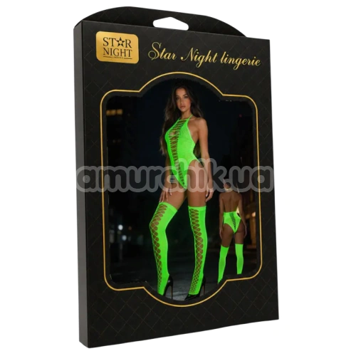 Комплект Star Night Fishnet Glow Set, салатовый: боди + чулки