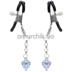 Затискачі для сосків з блакитним сердечком Liebe Seele Glow-In-Dark Nipple Clamps, срібні - Фото №1