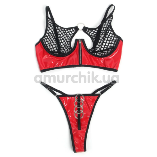 Комплект Star Night Mesh & Rings Set, червоно-чорний: бюстгальтер + трусики-стрінги
