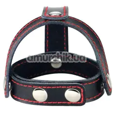 Эрекционное кольцо Bondage Fetish T-Style Leather Cockring With Ball Divider с фиксацией мошонки, черное - Фото №1