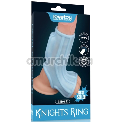 Насадка на пеніс з вібрацією Knights Ring Vibrating Ridge With Scrotum Sleeve, блакитна