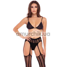 Комплект Straight Up 3-Piece Garter Set, черный: бюстгальтер + трусики-стринги + колготки - Фото №1