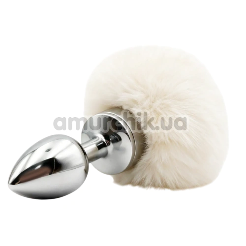 Анальна пробка з райдужним кристалом і білим хвостиком Alume Metal Plug With Tail S, срібна