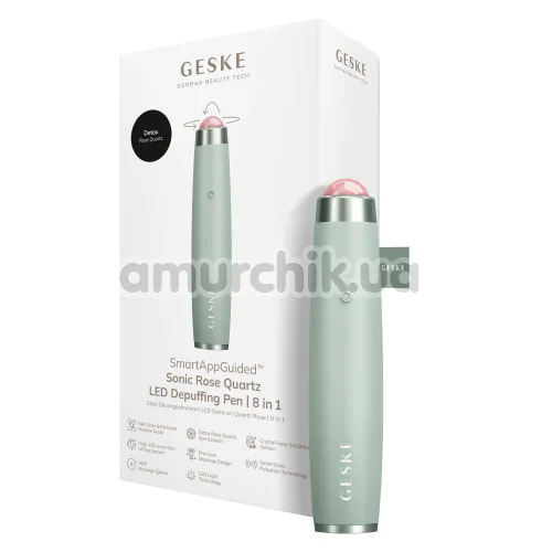 Ультразвуковая ручка-массажер для лица Geske Sonic Rose Quartz LED Depuffing Pen 8 in 1, зеленая