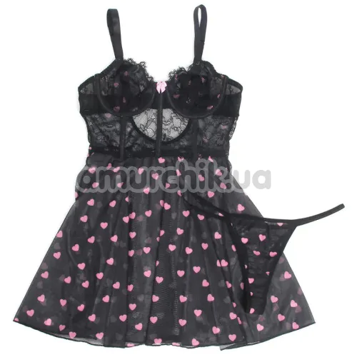 Комплект Star Night Sexy Black Lace Set With Heart Design, чорний: пеньюар + трусики-стрінги