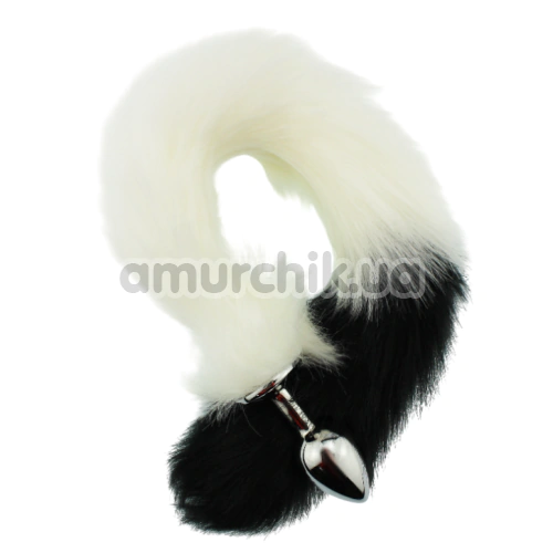 Анальная пробка с черно-белым хвостом GYQ Metal Anal Plug With Black&White Tail, серебряная - Фото №1