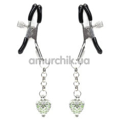 Затискачі для сосків з зеленим сердечком Liebe Seele Glow-In-Dark Nipple Clamps, срібні - Фото №1