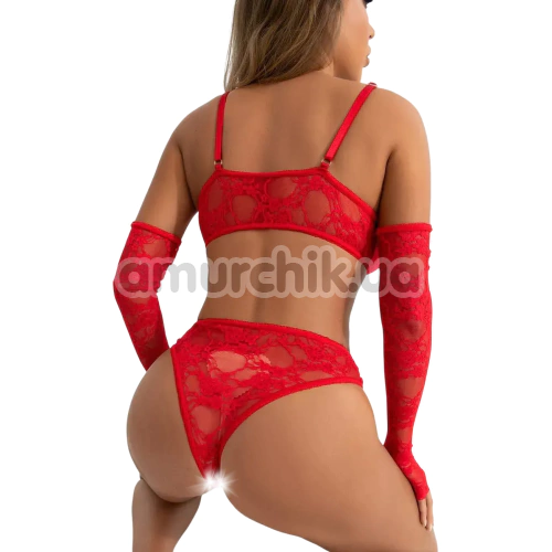 Комплект Star Night Lace Lingerie With Long Gloves, красный: бюстгальтер + трусики + перчатки
